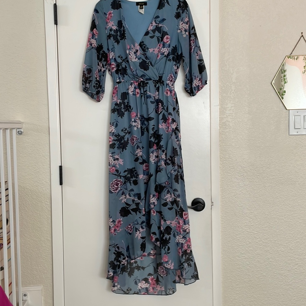 Dusty Blue Floral High-Low Faux Wrap Maxi Dress